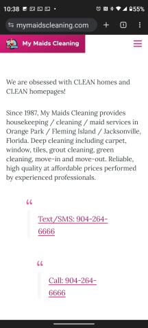My Maids: front page (top, with text/call and payment links)