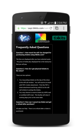 Tikkits- faq page on mobile